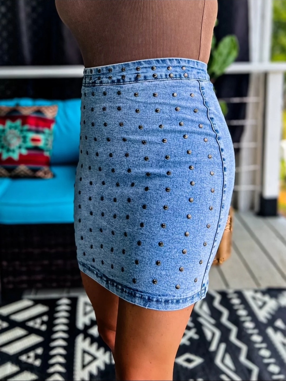 Studded Light Blue Denim Mini Skirt - Women - Picture 3 of 14